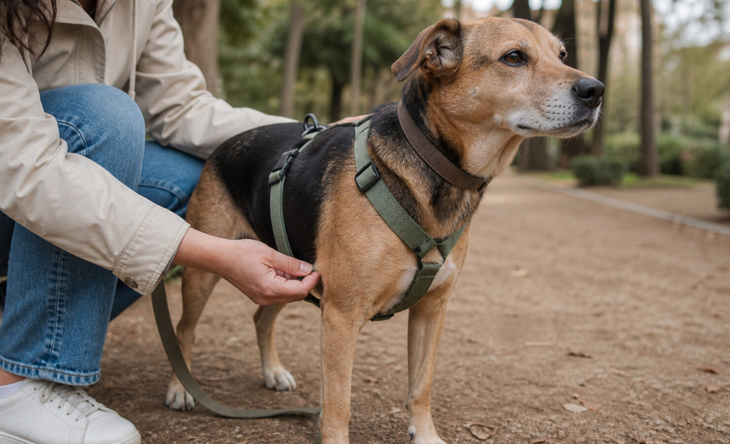 Persona comprobando el ajuste de un arnés en Y en un perro mestizo
