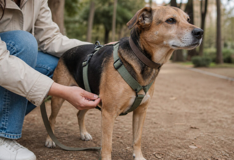 Persona comprobando el ajuste de un arnés en Y en un perro mestizo