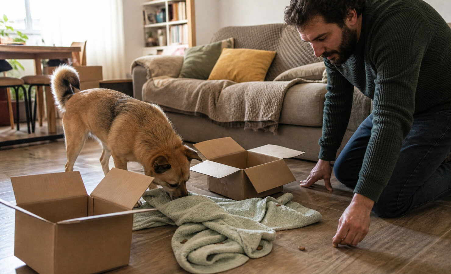 Perro buscando comida entre cajas y una toalla durante un juego de olfato
