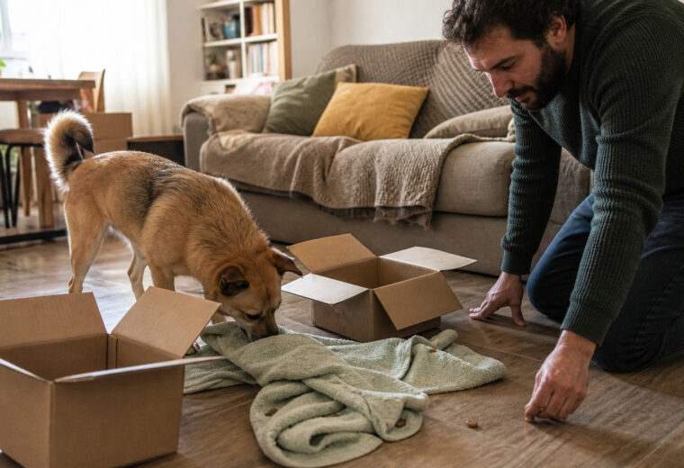 Perro buscando comida entre cajas y una toalla durante un juego de olfato