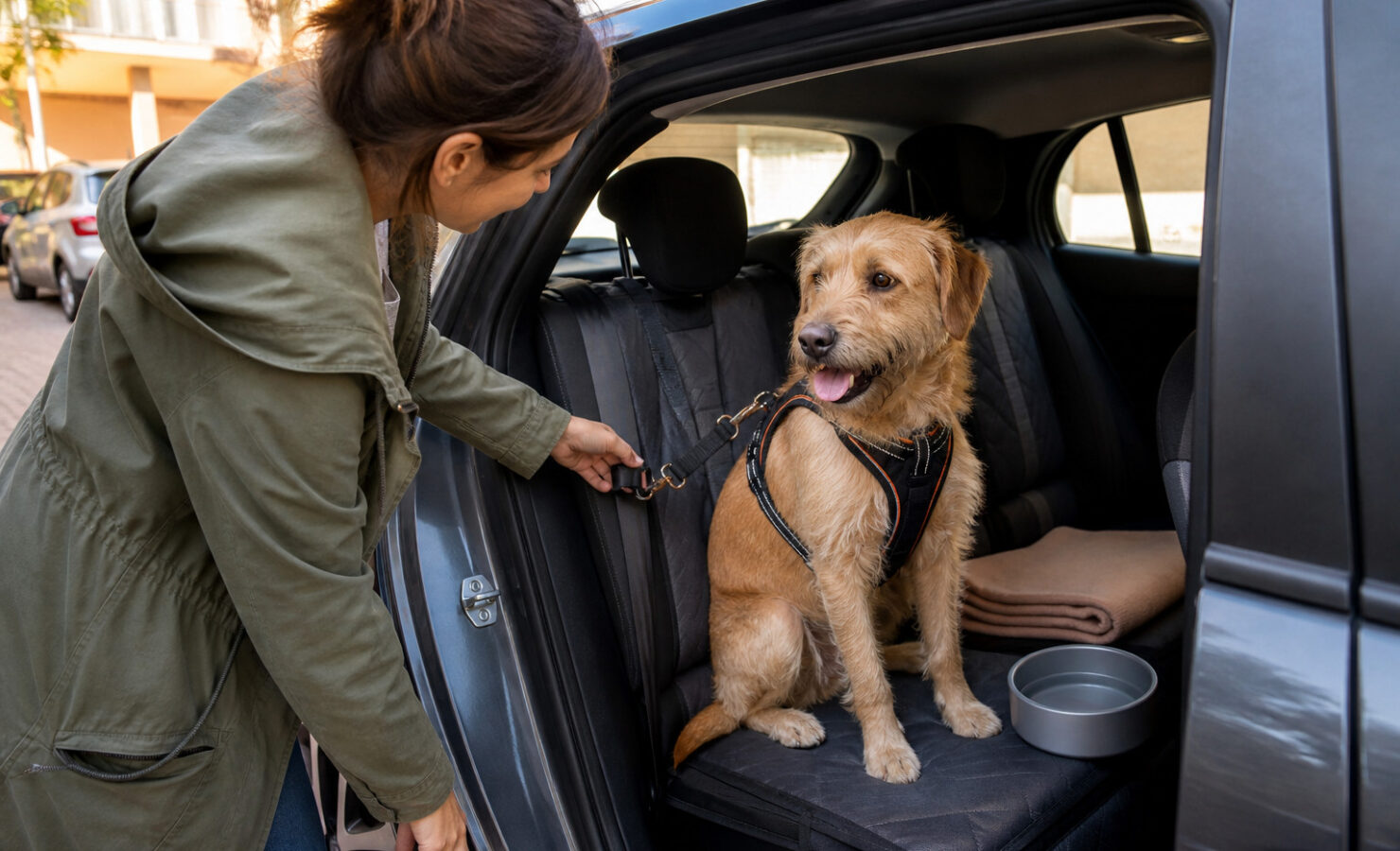 Persona comprobando la sujeción del arnés de un perro en el asiento trasero del coche