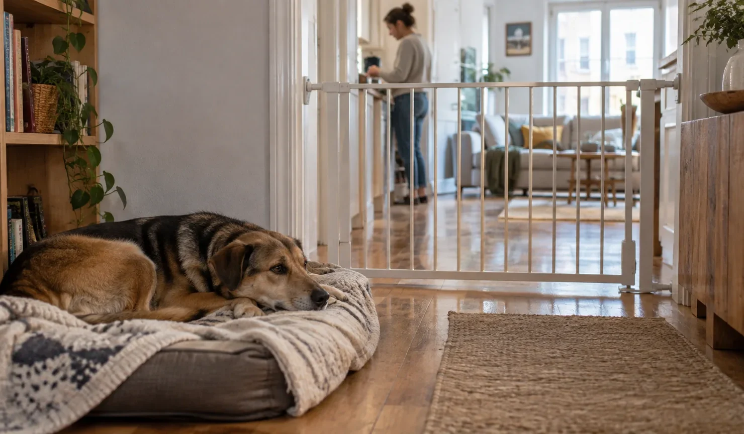 Perro mestizo descansa en su cama tras una barrera mientras su cuidadora hace una tarea en otra habitación