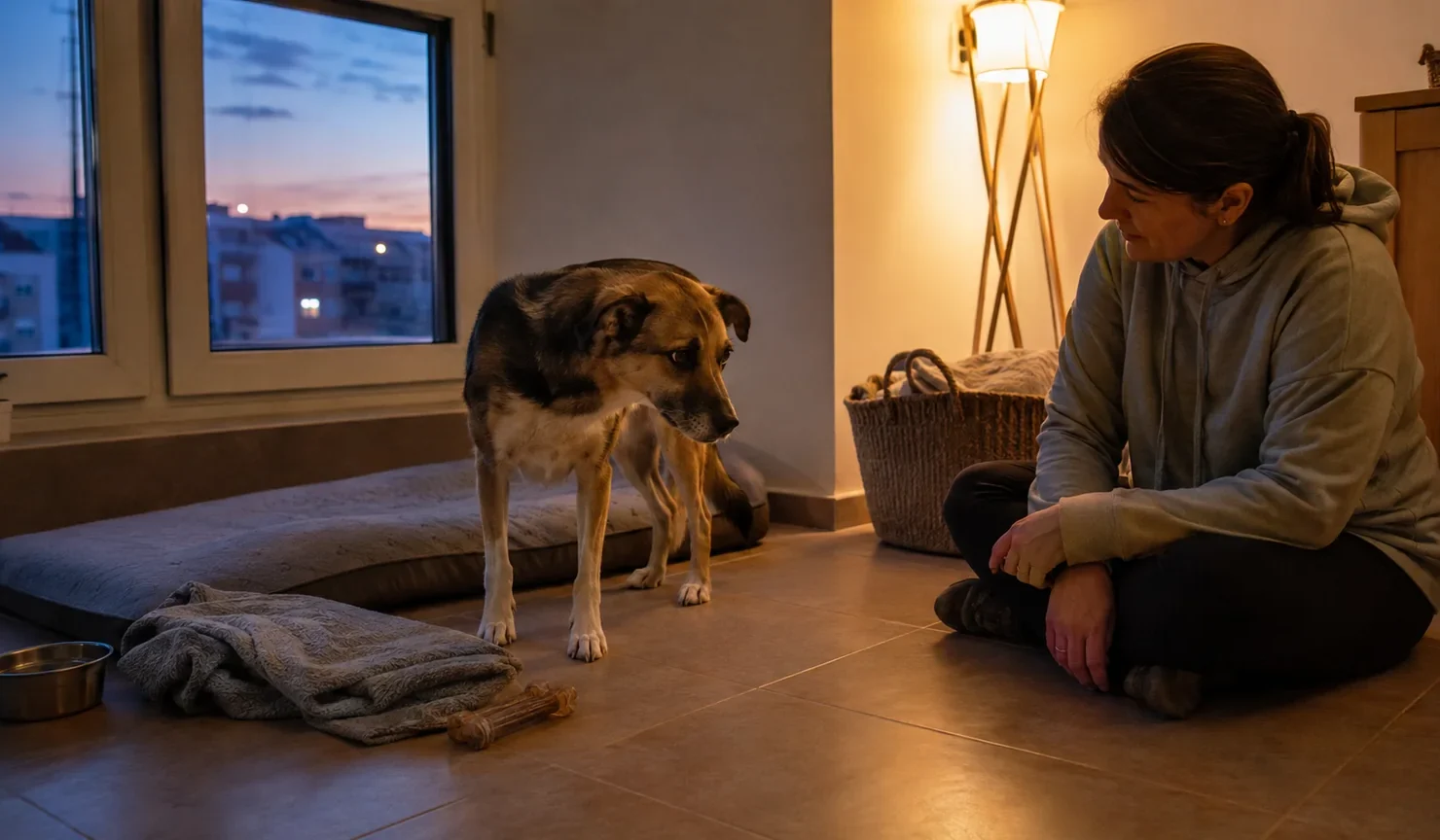 Perro recién llegado junto a su cama mientras una persona espera sentada a cierta distancia