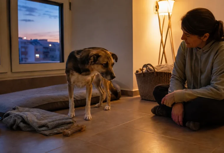 Perro recién llegado junto a su cama mientras una persona espera sentada a cierta distancia